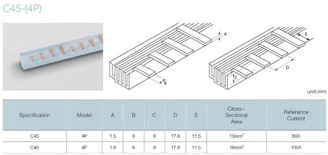 Busbar for 1p 2p 3p 4p C45 MCB Flexible Busbar 4p Copper Busbar