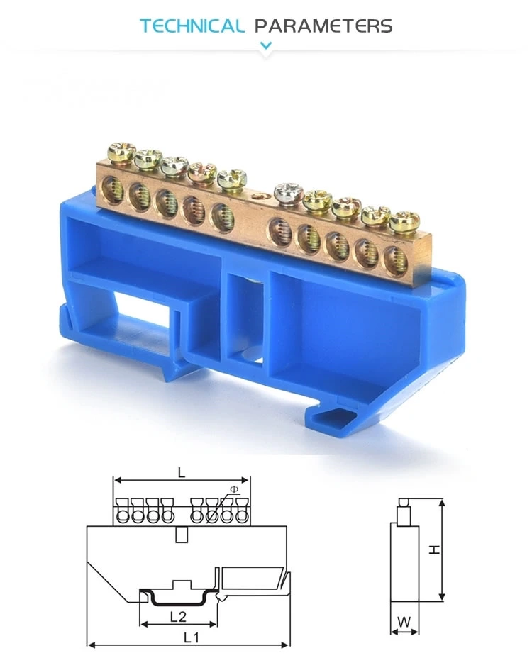 DIN Rail Mounted Neutral Busbar Terminal Block Blue