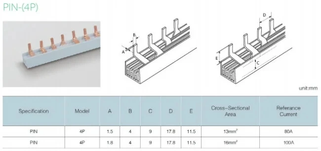 High Quality Pin Type 4p Electrical Copper Busbar 125A