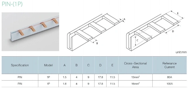 Pin Type 1p Copper Busbar 80A 100A Passed Ce Certificate