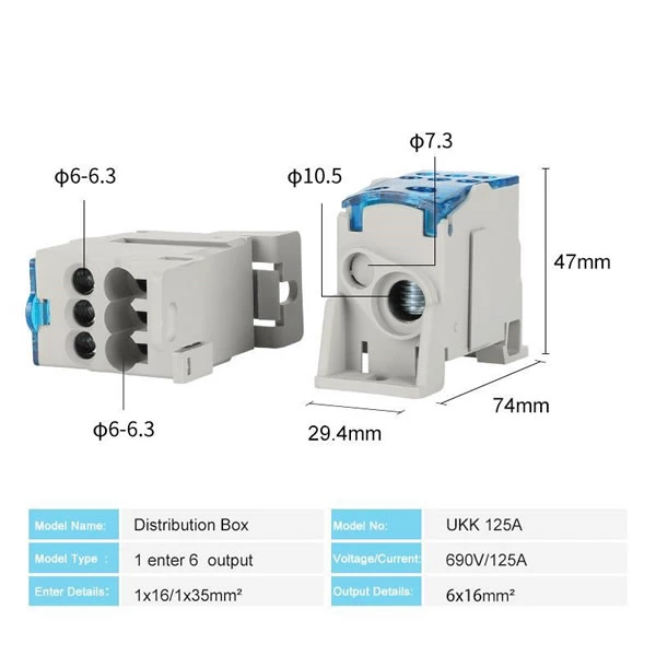 Ukk 125A DIN Rail Screw Distribution Block Terminal Power Supply